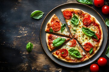  pizza margherita, mozzarella, pomidor, bazylia, ciasto, pieczona, włoska kuchnia, klasyka, sos pomidorowy, świeże zioła, ser, miękkie światło, oświetlenie boczne, apetyczne, rzemieślnicza pizza, tale