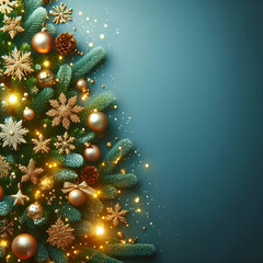 Christmas festival background with spruce elements and fairy ball decorations