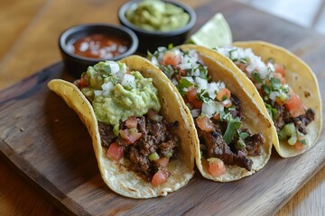tacos, wołowina, kurczak, salsa, awokado, pomidor, limonka, guacamole, świeży, apetyczne, chili, kolendra, sałata, sos, mięso, tortilla, pikantne, warzywa, tacos z mięsem, rustykalny styl, sałatki, na