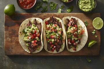 tacos, wołowina, kurczak, salsa, awokado, pomidor, limonka, guacamole, świeży, apetyczne, chili, kolendra, sałata, sos, mięso, tortilla, pikantne, warzywa, tacos z mięsem, rustykalny styl, sałatki, na