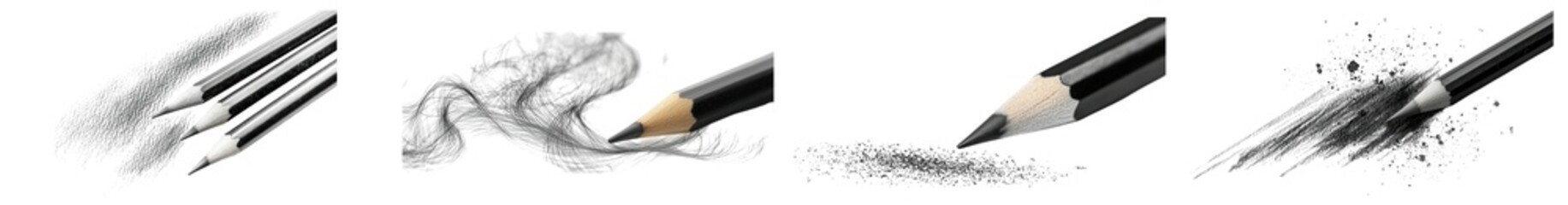 Obraz premium Wooden Black Pencil Concept. A series of artistic pencil sketches showcasing varying shading techniques and textures., Isolate on white background set