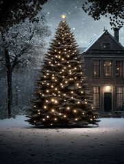 Obraz premium A large christmas tree light up in front of a traditional european home with a snowy backdrop