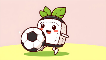 Fototapeta premium Cute Sushi Playing Soccer Ball Cartoon Vector Icon Illustration. Food Sport Icon Concept Isolated Premium Vector. Generative AI