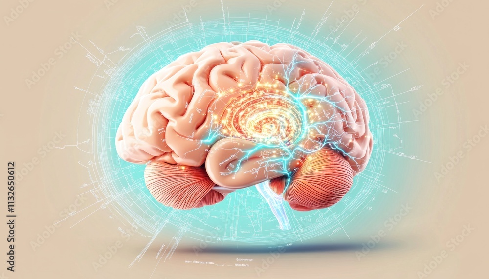 Poster human brain showing intense neural activity within technological circle