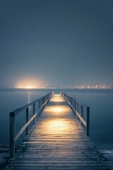 Fototapeta premium Long exposure of an illuminated wooden pier leading to a tranquil body of water under a twilight sky, with the distant glow of city lights, vertical