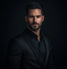 Obraz premium handsome men wearing a black suit, facing the camera, on a dark background, with studio lighting.