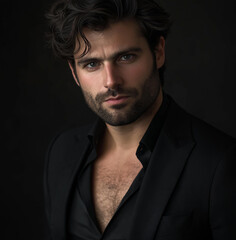 Obraz premium handsome men wearing a black suit, facing the camera, on a dark background, with studio lighting.