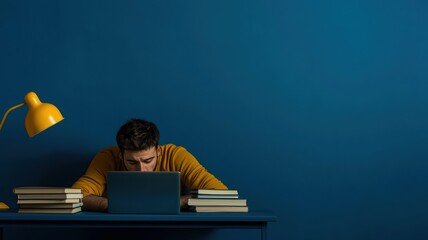 A person in a yellow sweater is studying intently at a desk with a laptop, surrounded by books, under a warm lamp in a blue-walled room.