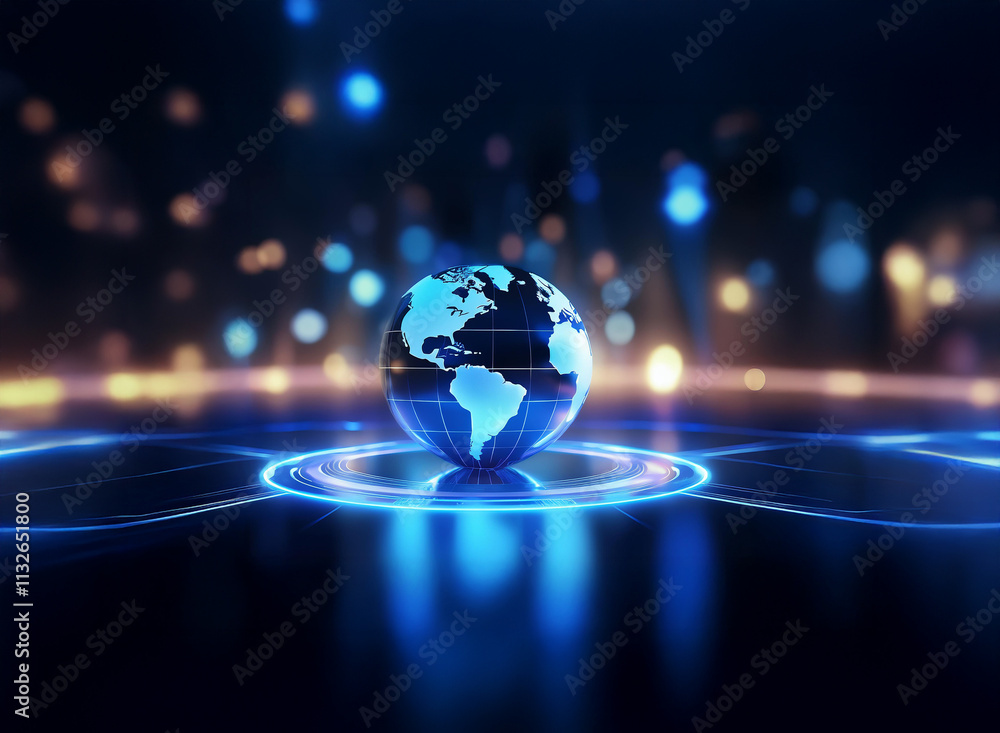 Poster a glowing digital earth rests on a futuristic, circular platform. surrounding lights suggest a globa