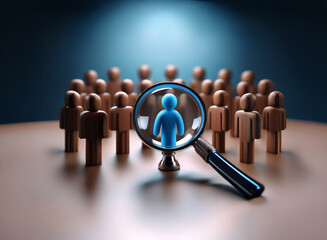 A magnifying glass focuses on a blue figure amidst a circle of brown figures, highlighting the selection process and individual assessment within a group.