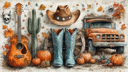 A watercolor artwork with a rustic fall theme that shows western elements including a cowboy hat, a vintage orange truck, cactus, pumpkins, and an intricate orange guitar pattern in warm colors.