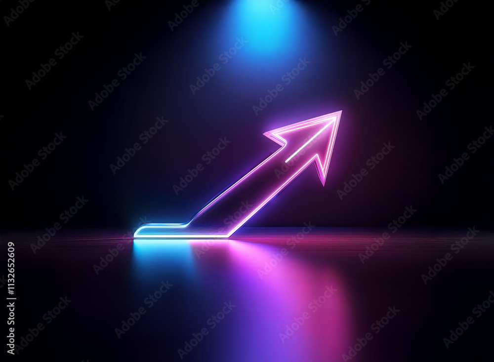 Poster Glowing neon arrow ascends in a dark space, illuminated by vibrant blue and pink lights.  Its reflection mirrors the upward trajectory.
