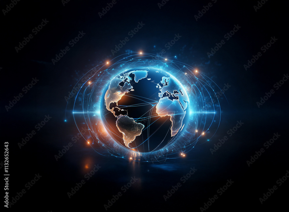Poster a glowing digital earth encircled by vibrant energy lines, symbolizing global connectivity and techn