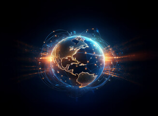 A glowing digital Earth, encircled by luminous network connections, symbolizes global connectivity and data flow.  Light streaks emanate, highlighting the planet's digital pulse.