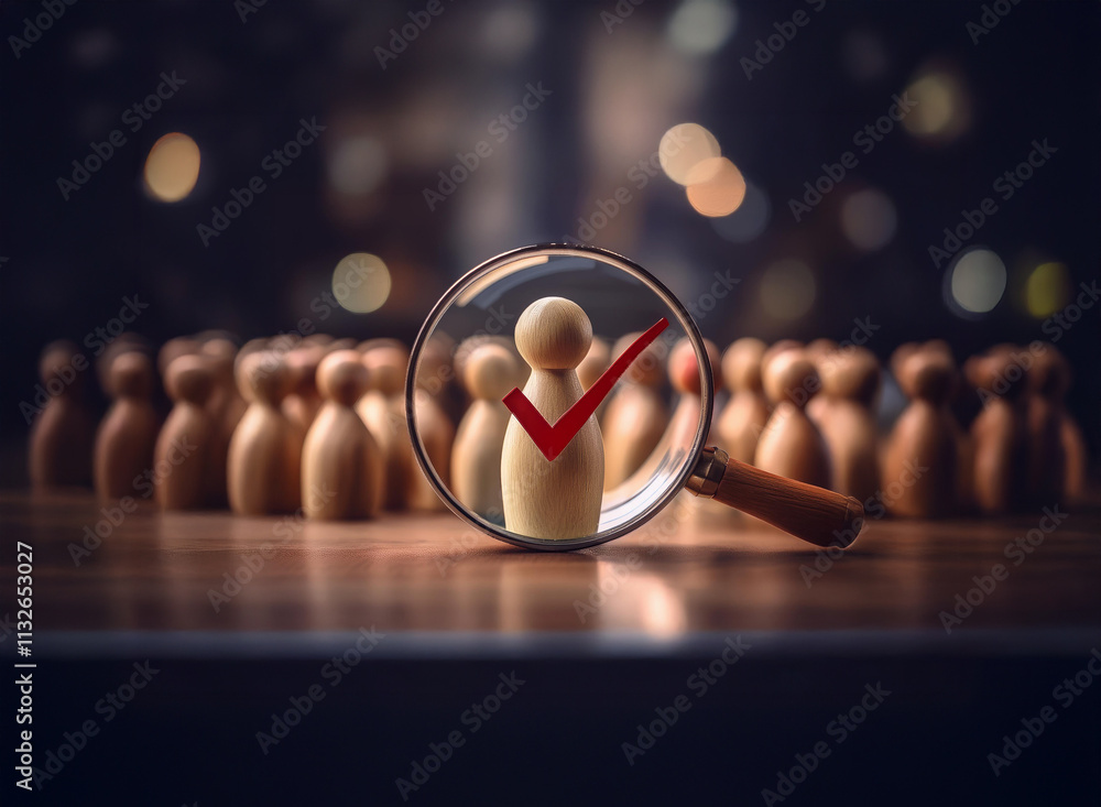 Poster a magnifying glass focuses on a wooden figure with a checkmark, signifying selection from a group of