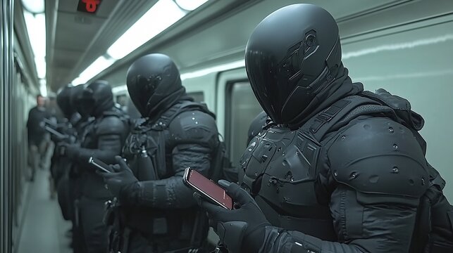 Futuristic Androids on Train with Mobile Devices