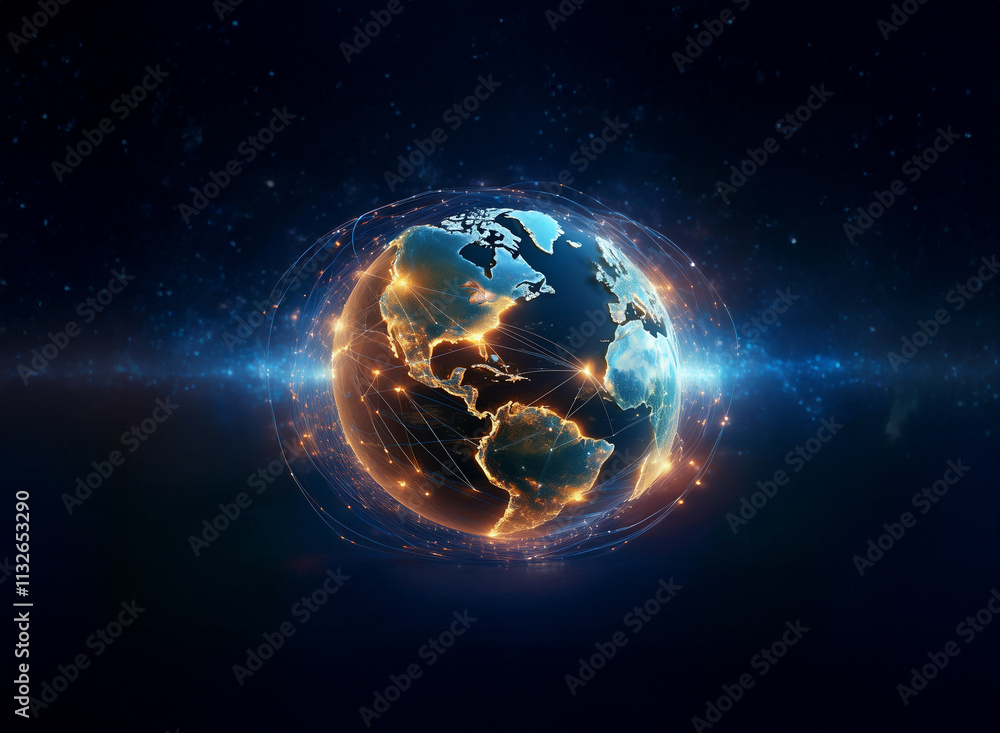 Aufkleber A digitally enhanced image of Earth, glowing with interconnected lines representing global networks and communication, set against a dark space background.  The planet is illuminated, emphasizing cont