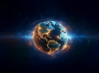 A digitally enhanced image of Earth, glowing with interconnected lines representing global networks and communication, set against a dark space background.  The planet is illuminated, emphasizing cont