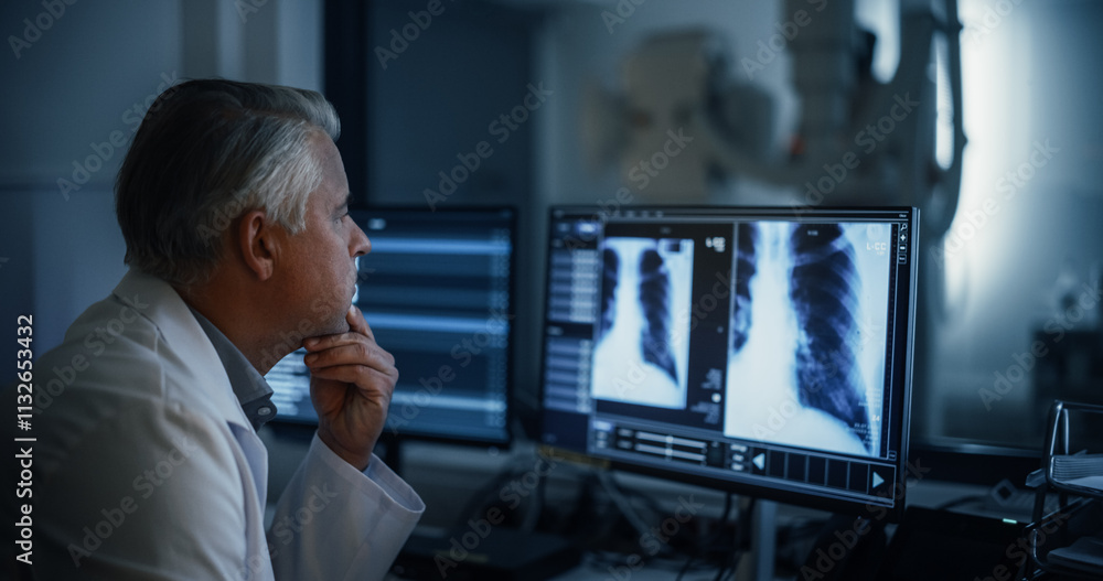 Poster experienced radiographer examines chest x-rays on multiple computer monitors in a dark medical room.