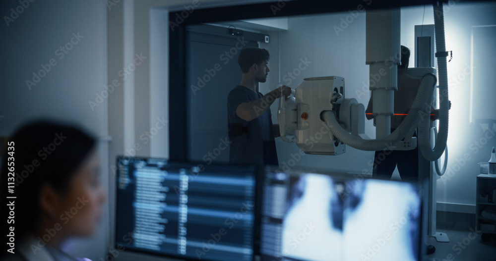 Poster male nurse assisting a patient in positioning himself before an advanced x-ray machine, ensuring a p
