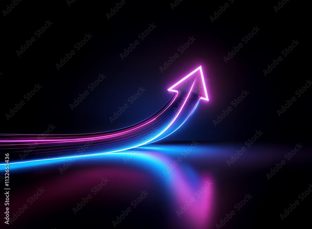 Poster a vibrant, upward-pointing neon arrow glows in the dark, its reflection mirrored on a sleek surface.