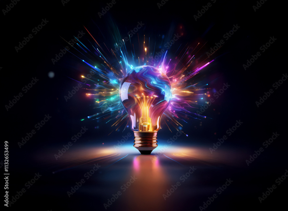 Poster a vibrant lightbulb explodes with multicolored energy, symbolizing innovation and creative brillianc