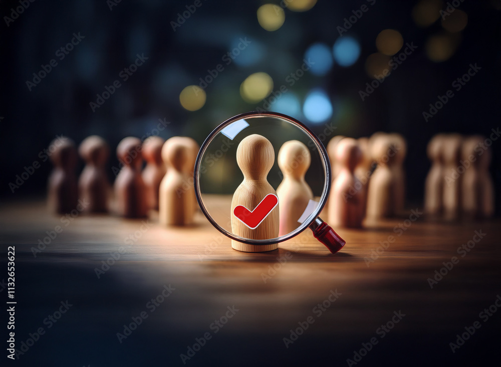 Poster a magnifying glass focuses on a wooden figure marked with a check, signifying selection from a group