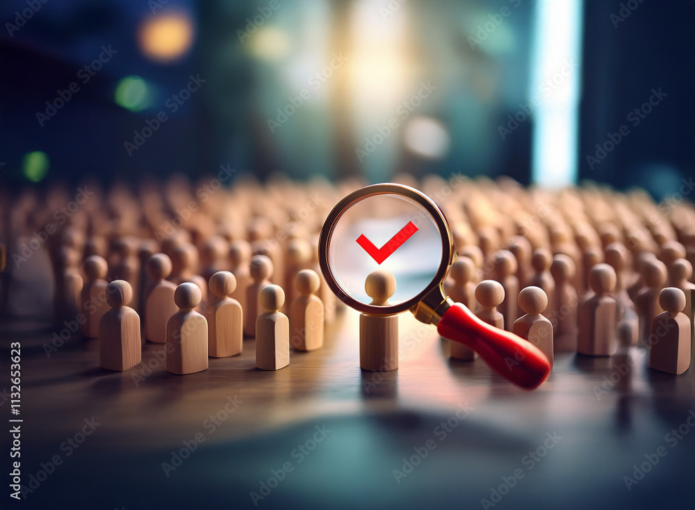 Poster a magnifying glass with a red checkmark focuses on a single wooden figure within a large crowd of si