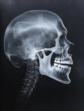An X-ray of the skull, profile view, side shot, X-ray film style.