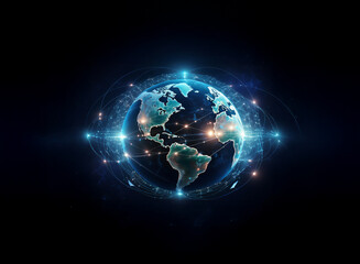 A glowing digital Earth, encircled by a network of light, symbolizes global connectivity and technological advancement.  The image showcases intricate connections spanning continents.