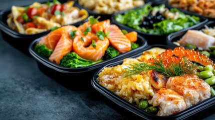 Fototapeta premium Ultra-processed Food Concept, Vibrant Packaged Frozen Meals with Fresh Ingredients and Artistic Presentation on a Dark Background