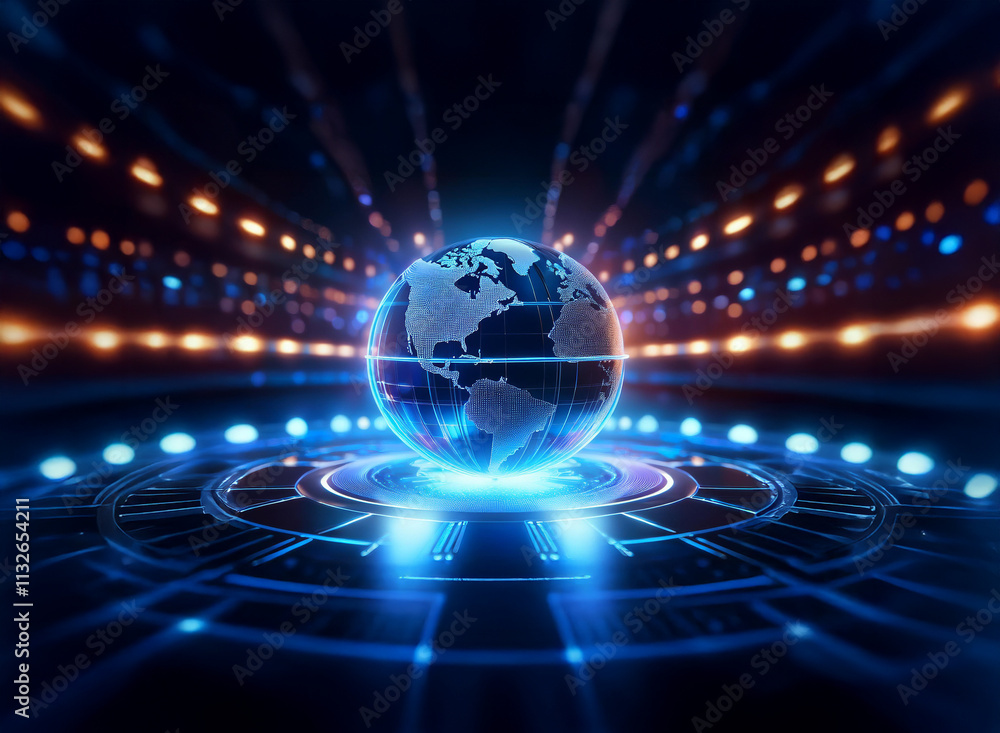 Poster a glowing digital earth rests on a futuristic, circular platform, surrounded by vibrant lights and i