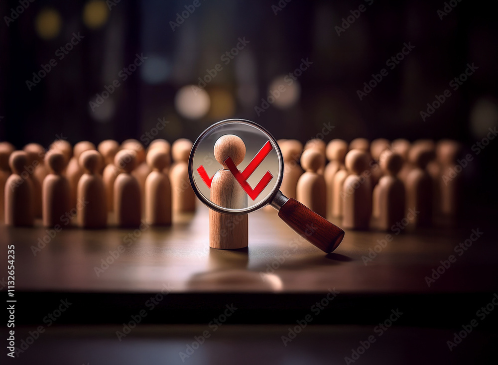 Poster a magnifying glass focuses on a wooden figure marked with a red check, signifying selection from a c