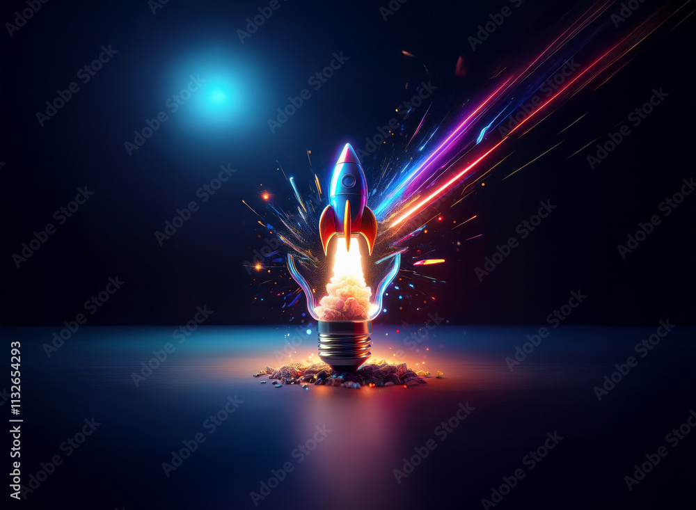Aufkleber a rocket bursts from a lightbulb, signifying innovative ideas taking flight amidst vibrant energy an