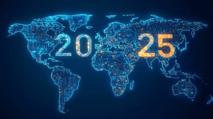 A digital world map glowing with numbers 2024 fading into 2025, symbolizing global celebrations