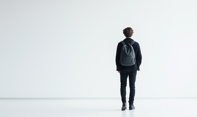 Obraz premium A man walks on the white floor, dressed in black trousers and a jacket with his back to the camera, walking towards an empty space.