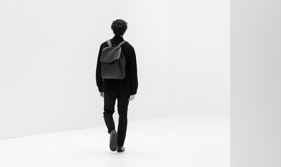 Obraz premium A man walks on the white floor, dressed in black trousers and a jacket with his back to the camera, walking towards an empty space.