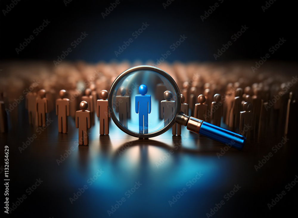 Poster a magnifying glass focuses on a single blue figure amidst a crowd of bronze figures, highlighting th