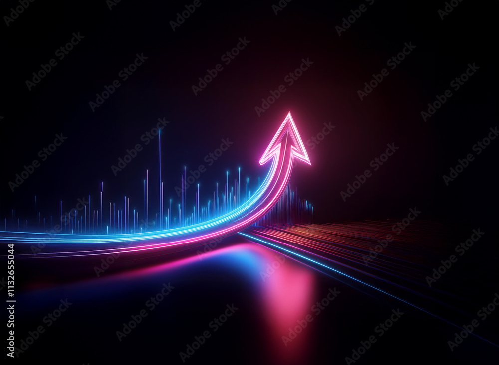 Poster a vibrant neon arrow ascends, symbolizing growth and progress against a backdrop of dynamic data vis