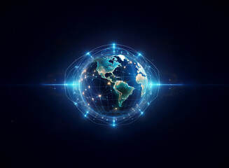 Obraz premium A glowing digital Earth, encircled by a network of interconnected nodes, pulses with vibrant blue light against a dark backdrop, symbolizing global connectivity and technological advancement.