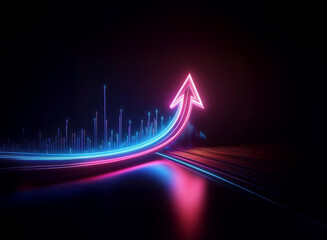 A vibrant neon arrow ascends, symbolizing growth and progress against a backdrop of dynamic data visualizations.  The glowing path suggests a journey towards success.