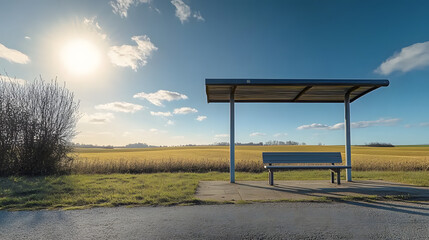 Obraz premium Rural bus stop with a basic metal bench and open skies, surrounded by fields under the bright sun.