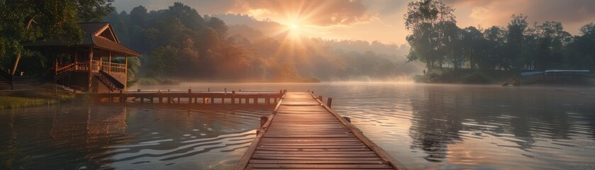 Fototapeta premium Sunrise over tranquil lake with wooden dock and house