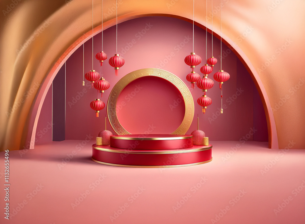 Poster elegant festive scene with a two-tiered red and gold podium, adorned with hanging red lanterns again