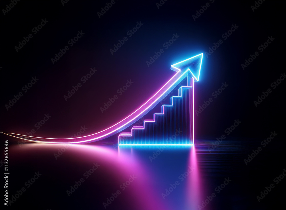 Poster neon arrow ascends a glowing staircase, symbolizing growth and progress against a dark background. t