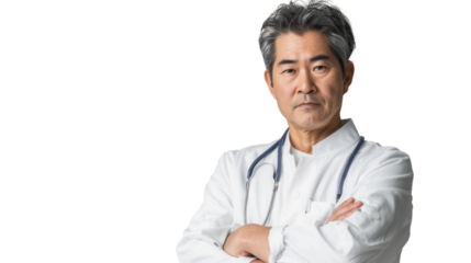 Asian caucasian middle age male handsome doctor arms crossed on white background

