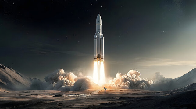Image depicts a rocket in mid-take-off amidst a barren lunar-like terrain, evoking the anticipation of space exploration