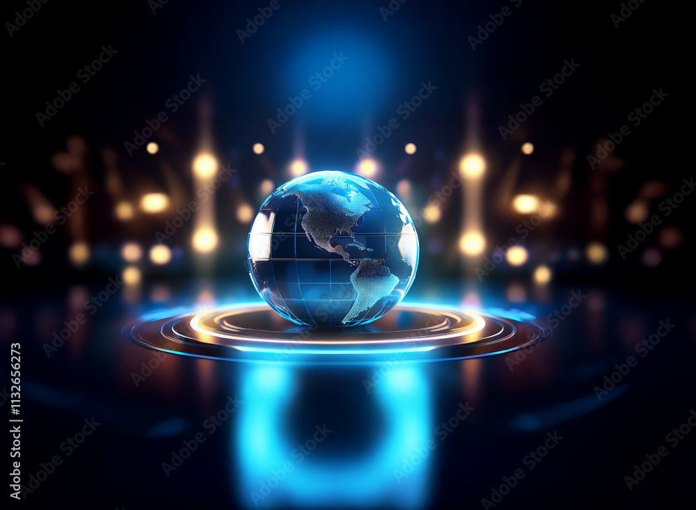 Aufkleber a glowing earth sphere rests on a circular platform, surrounded by a blurred, bright background sugg
