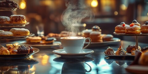 Fototapeta premium A luxurious cafÃ© scene with a ceramic coffee cup, steam rising delicately, surrounded by gourmet pastries and elegant decor