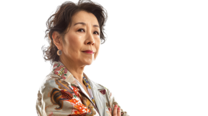 Asian caucasian middle age female handsome doctor arms crossed on white background
